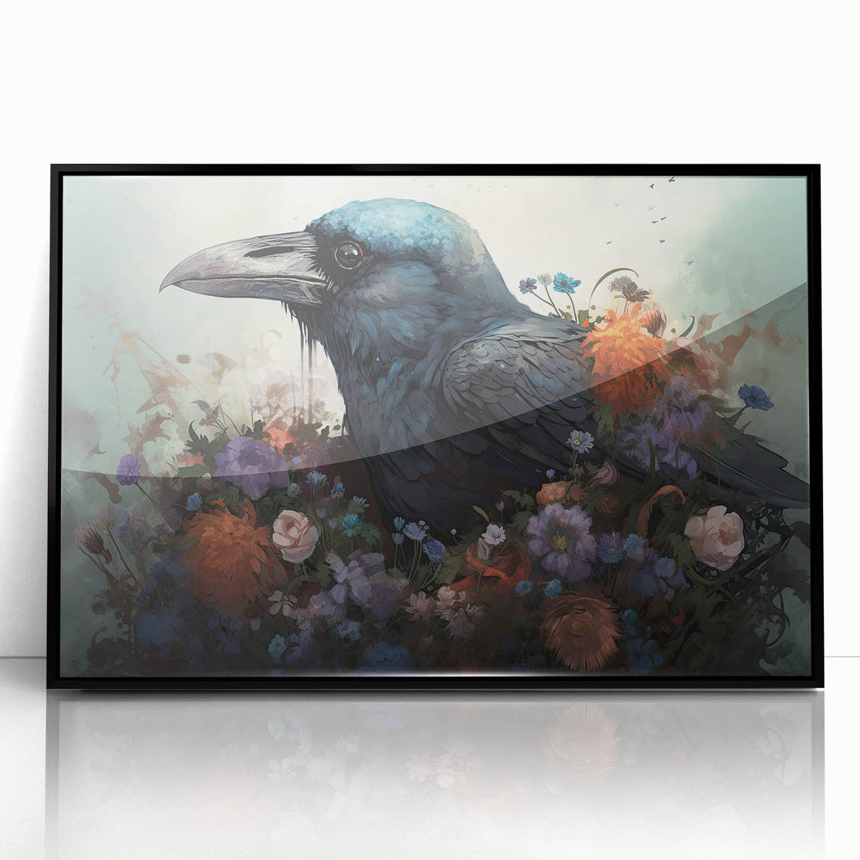 Framed wall art featuring a striking black and white design of a crow and raven perched on branches, showcasing intricate details and textures, perfect for enhancing home decor.