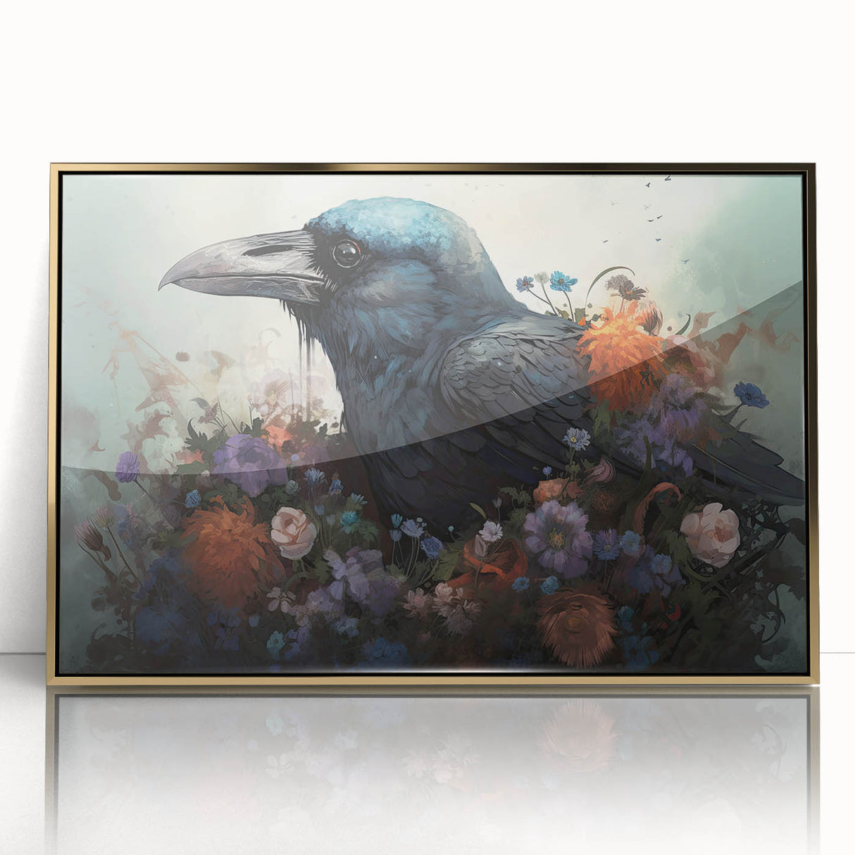 Framed wall art featuring a crow and raven design in a gold-acrylic finish, showcasing intricate details and a modern aesthetic, perfect for bird lovers.
