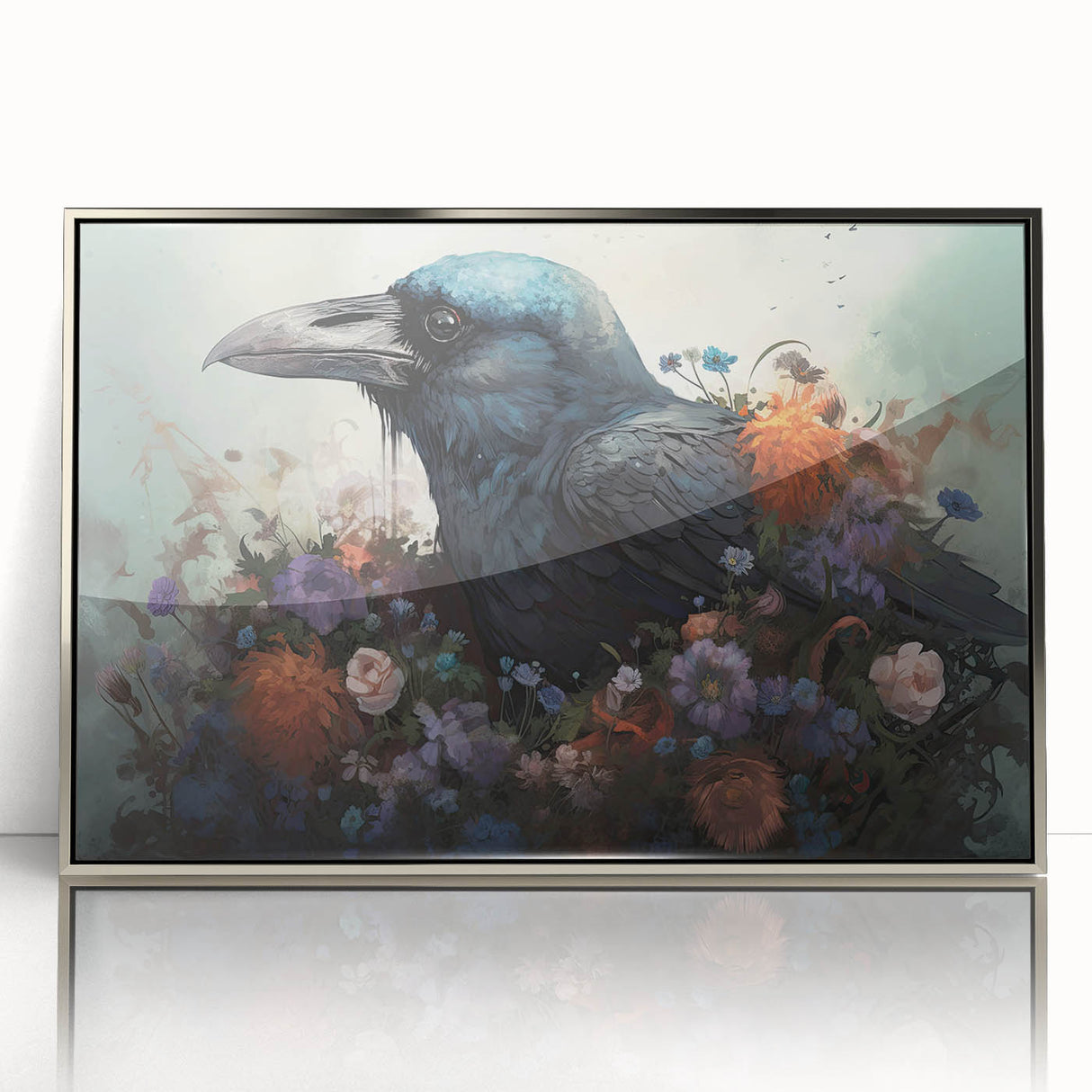 Framed wall art featuring a striking design of crows and ravens with a sleek silver border, showcasing intricate details and a modern aesthetic, perfect for enhancing home decor.
