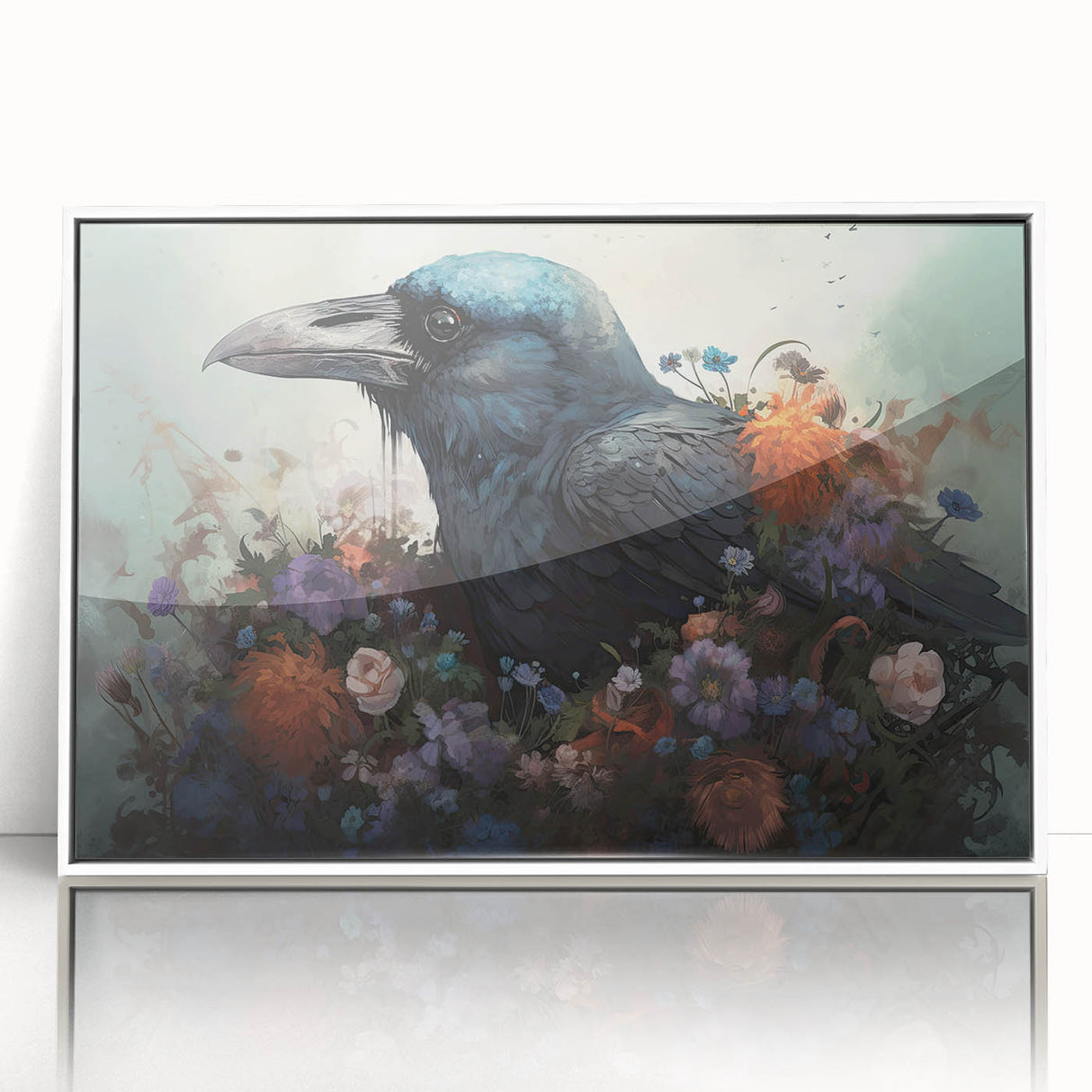 Framed wall art featuring a striking design of crows and ravens in a minimalist style, set against a white background, perfect for modern home decor enthusiasts.