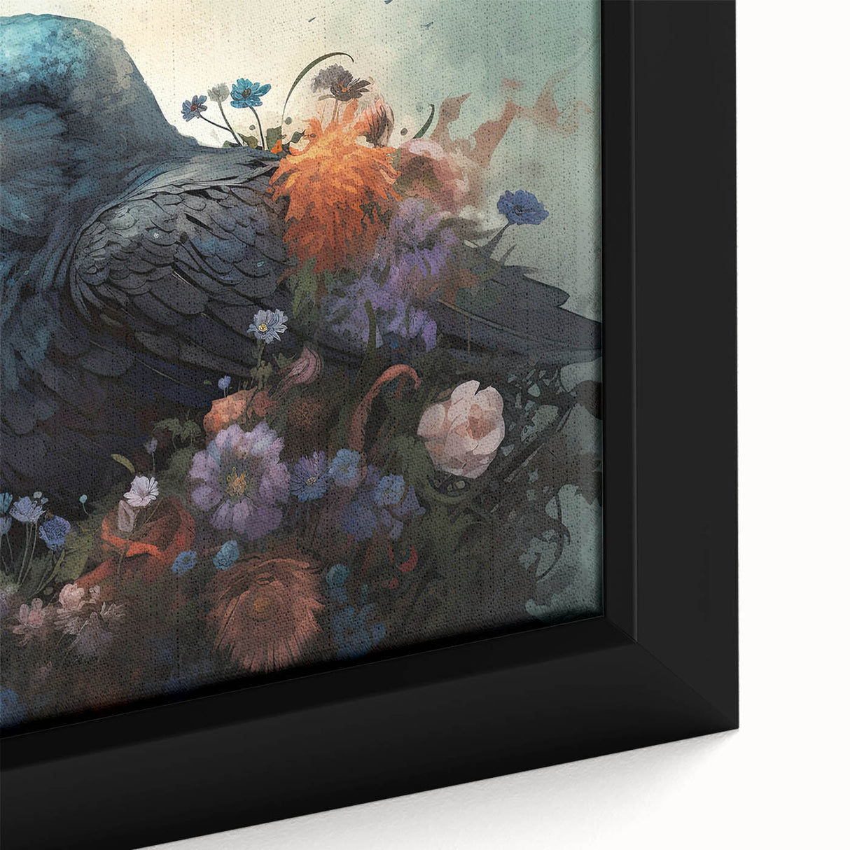 Framed canvas wall art featuring a detailed close-up of a crow and raven design, showcasing intricate textures and rich colors, perfect for bird enthusiasts and home decor.