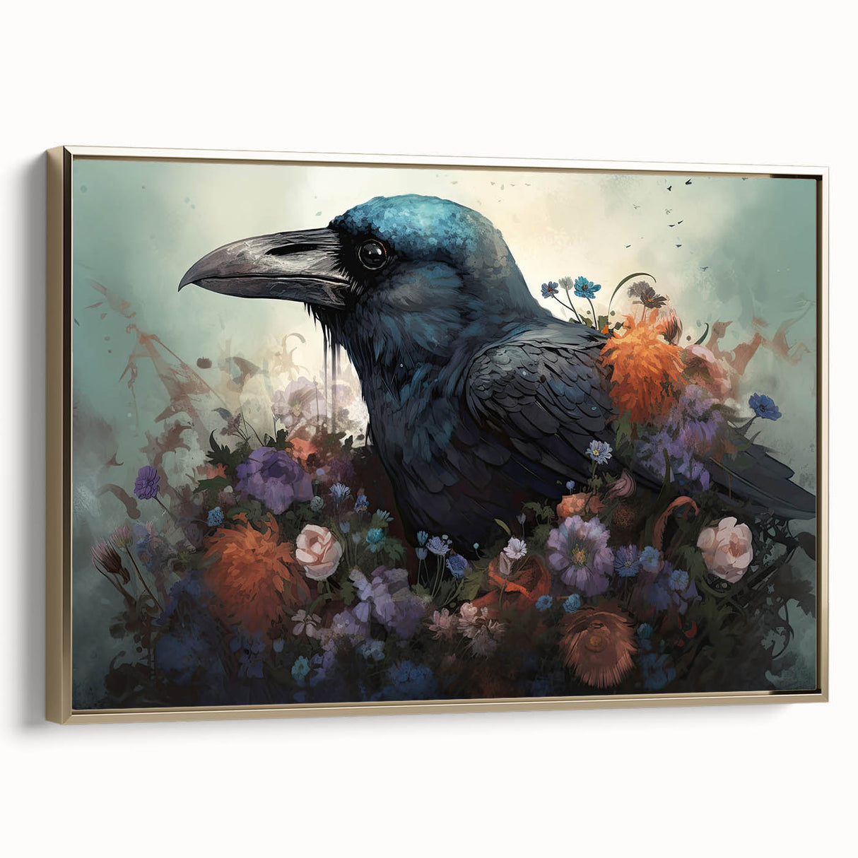 Framed canvas wall art showcasing a detailed design of a crow and raven, highlighting intricate features and elegant gold accents, perfect for nature-inspired decor.