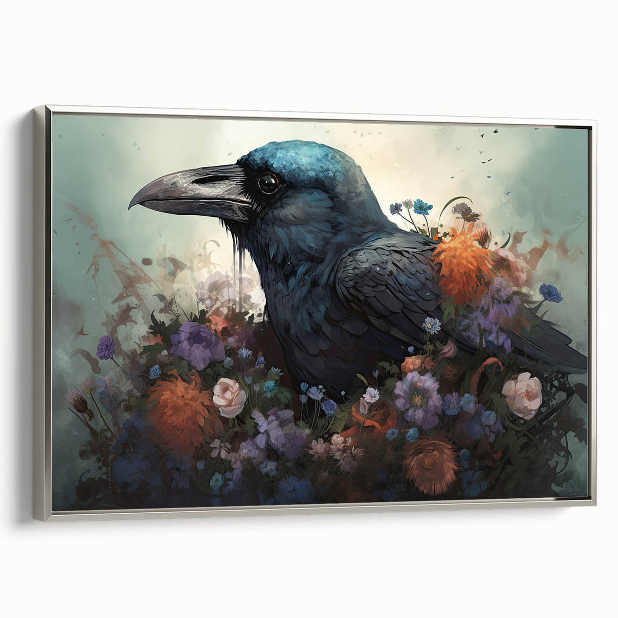 Framed canvas wall art showcasing a striking design of a crow and raven, set against a silver background, perfect for enhancing modern home decor.