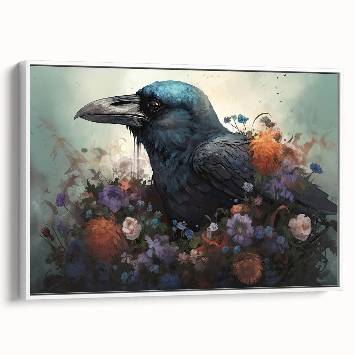 Framed wall art featuring a striking design of a crow and raven in a modern aesthetic, set against a white background, perfect for enhancing contemporary decor.