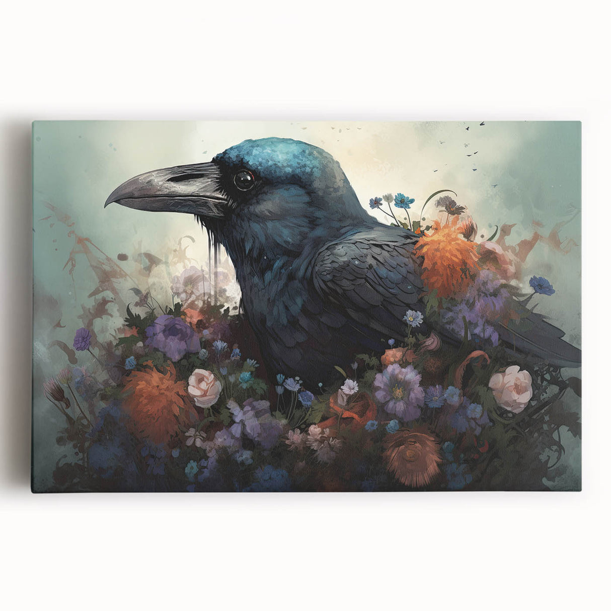 Stylish wall art featuring a striking design of a crow and raven on stretched canvas, showcasing intricate details and bold colors, perfect for enhancing home decor.