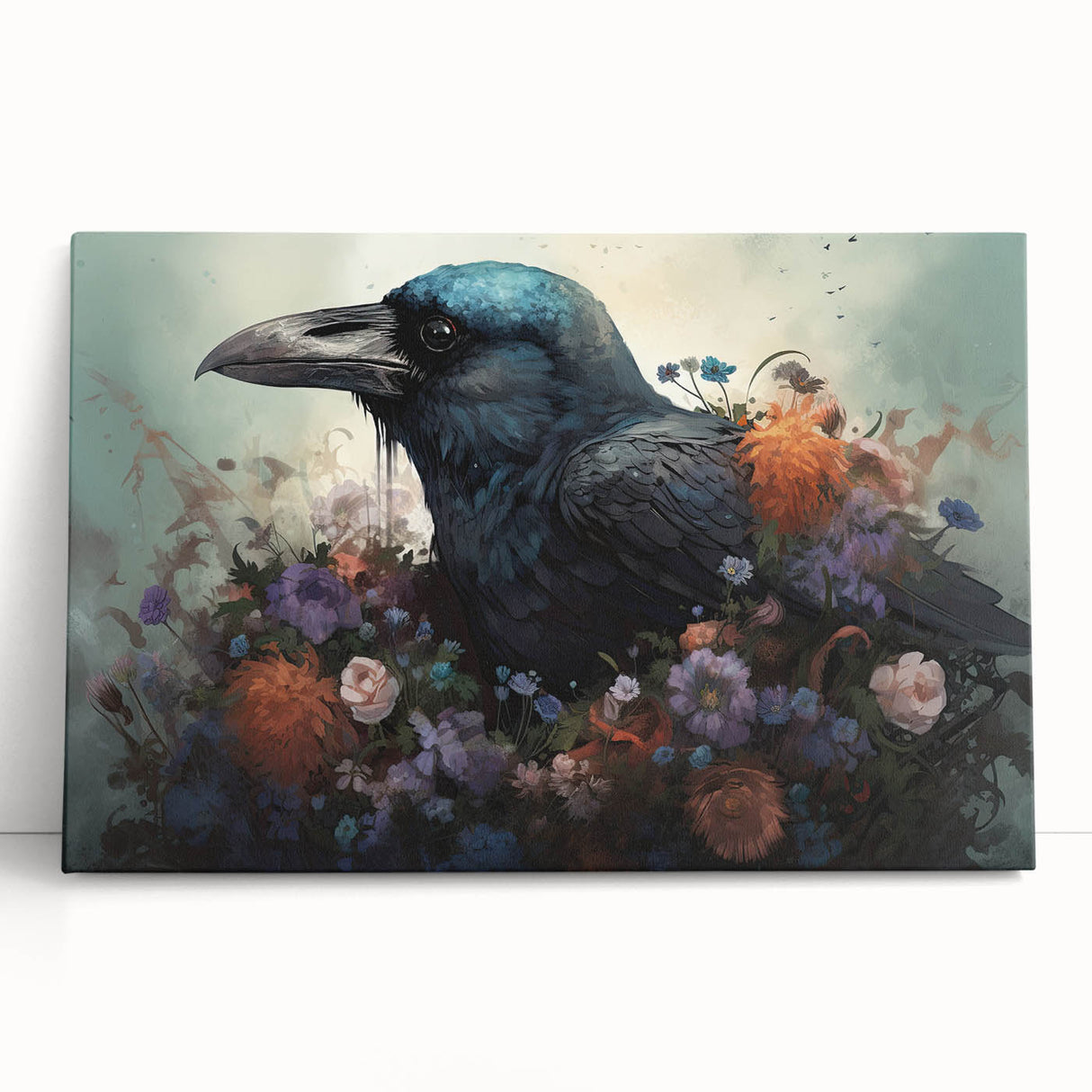 Stretched canvas wall art featuring a striking design of a crow and raven, showcasing intricate details and rich colors, perfect for modern decor.