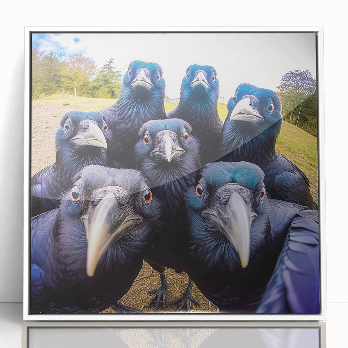 Framed wall art featuring a detailed design of a crow and raven, set against a sleek white background, perfect for enhancing modern decor with a touch of nature.