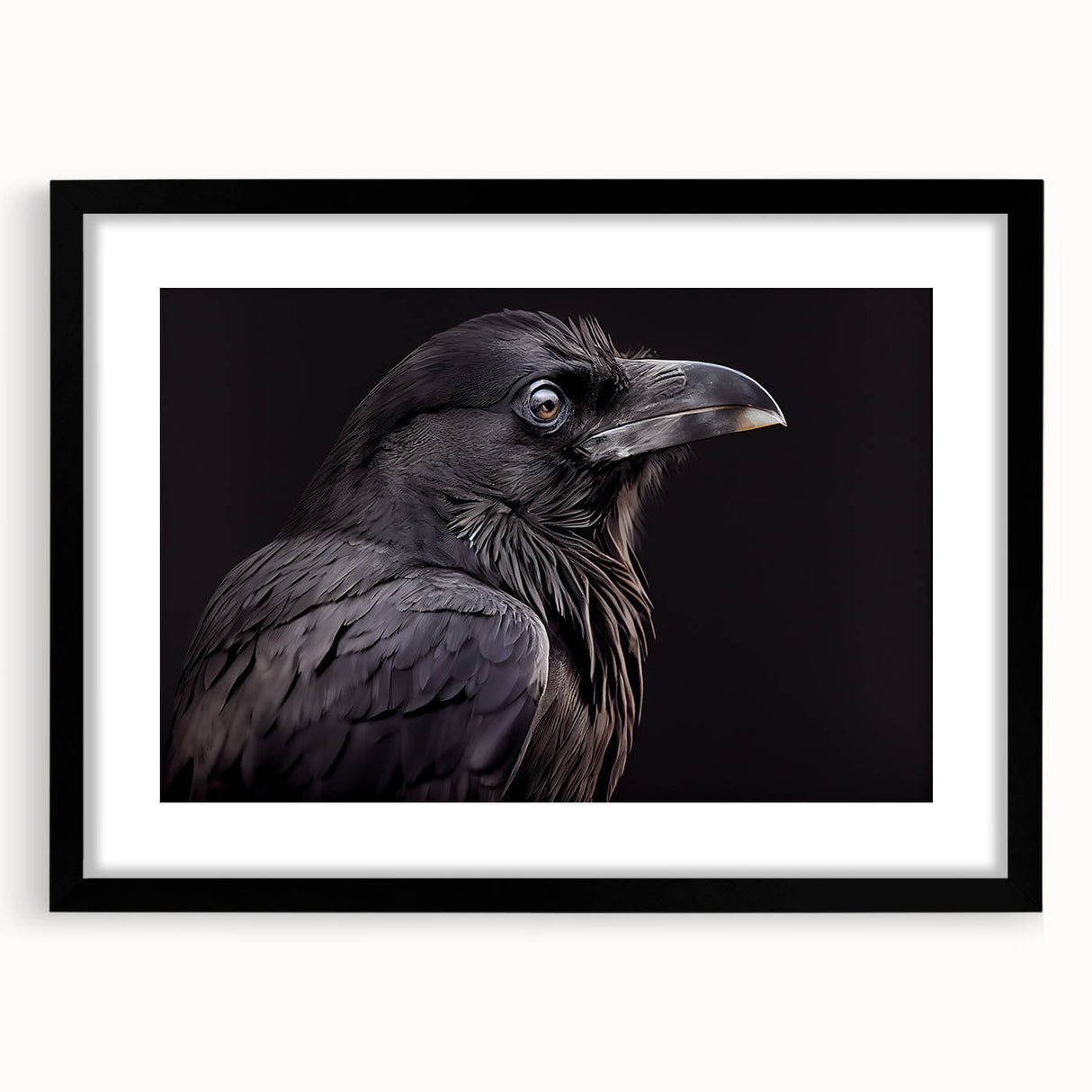 Black-framed wall art showcasing an intricate design of a crow and raven, elegantly matted, perfect for enhancing modern home decor with its striking avian imagery.
