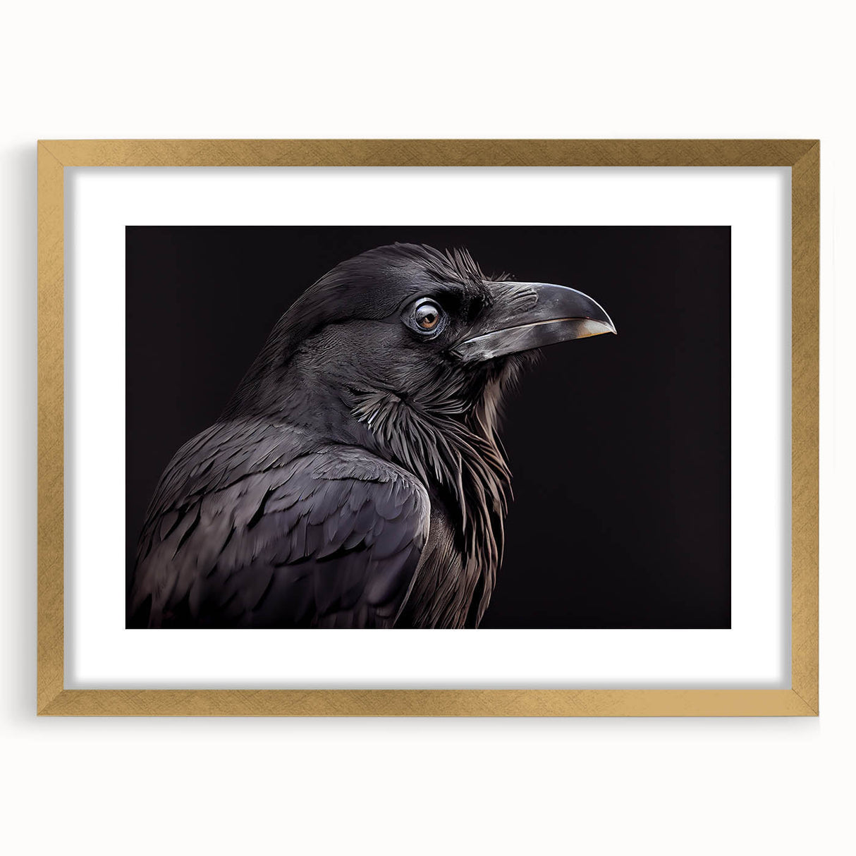 Framed wall art collection showcasing intricate crow and raven designs in a gold frame, featuring a white mat for an elegant presentation, perfect for bird lovers.