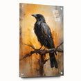 Vibrant acrylic glass wall art collection showcasing intricate crow and raven designs, displayed in a side view with visible mounting pins, perfect for modern decor.