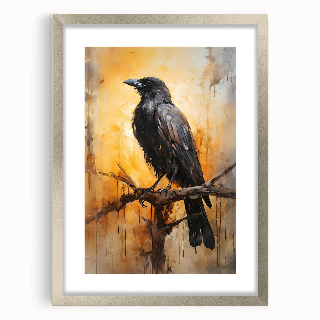 Framed wall art collection featuring intricately designed crows and ravens, set in a sleek silver frame with matting, perfect for modern home decor.