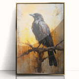 Framed wall art collection showcasing a detailed design of crows and ravens, featuring a sleek gold acrylic front and an elegant presentation for home decor.