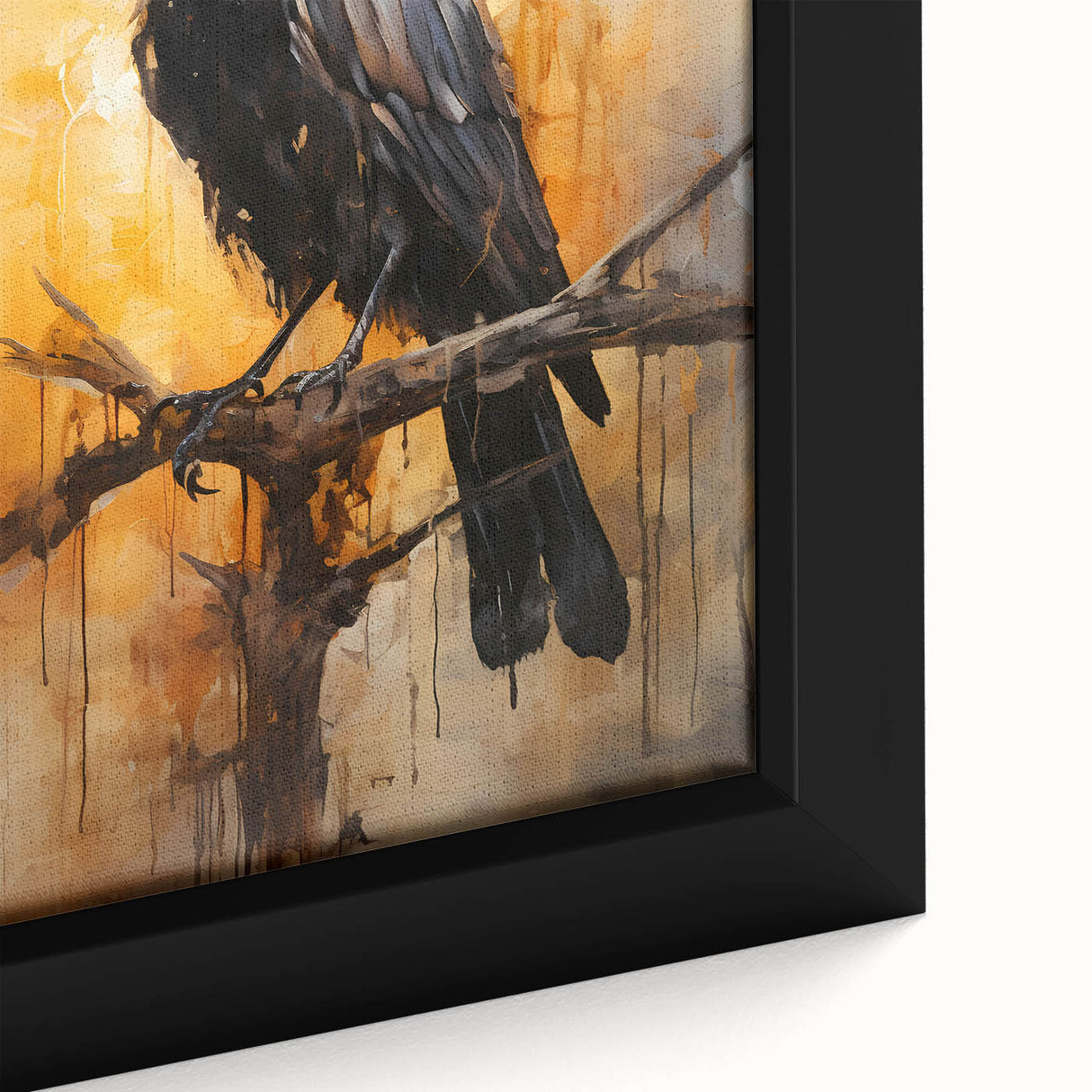 Close-up of a framed canvas artwork displaying a detailed design of a crow and raven, featuring intricate black and gray feathers against a textured background, ideal for nature-themed decor.