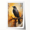 Artistic rolled print showcasing a crow and raven design on textured paper, featuring intricate details and a striking color palette, ideal for home decor.