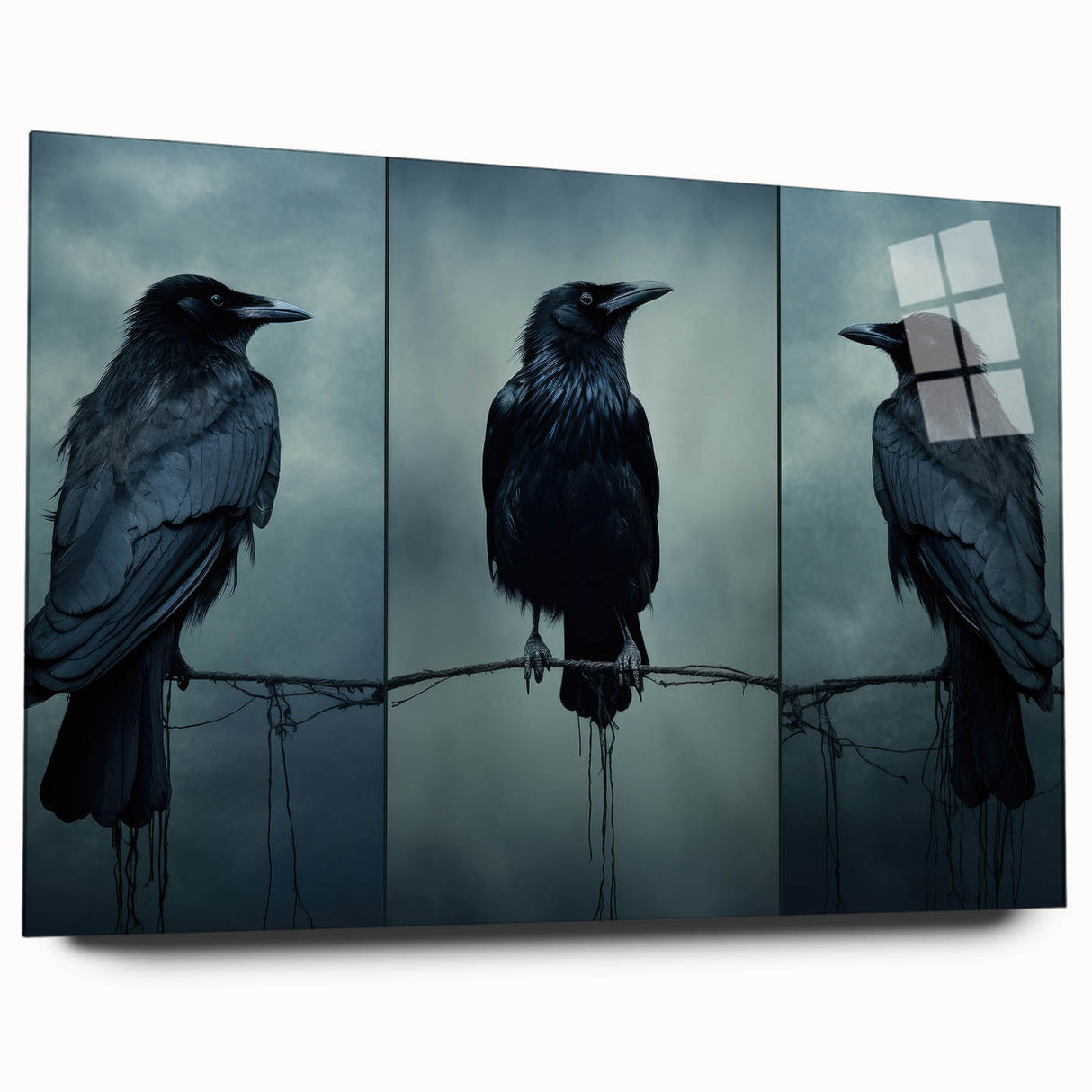 Black crow and raven wall art design displayed on acrylic glass, showcasing intricate details and vibrant colors, perfect for modern home decor.
