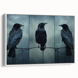 Framed canvas wall art showcasing a striking design of a crow and raven in vibrant colors against a white background, perfect for modern home decor.