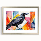 Framed wall art featuring a crow and raven design, elegantly displayed with a silver mat, adding a modern touch to home decor. Perfect for bird lovers and nature enthusiasts.