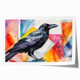 Artistic rolled print depicting a striking design of a crow and raven, showcasing intricate details and bold black and white contrasts, perfect for home decor.