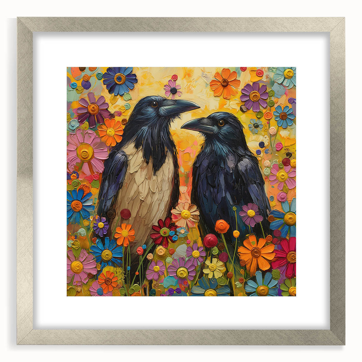 Framed wall art showcasing a striking design of crows and ravens, featuring a silver mat and sleek frame, ideal for enhancing modern home decor.