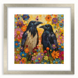Framed wall art showcasing a striking design of crows and ravens, featuring a silver mat and sleek frame, ideal for enhancing modern home decor.