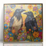 Framed wall art showcasing a striking design of a crow and raven, featuring a gold-acrylic finish, perfect for adding an elegant touch to home decor.
