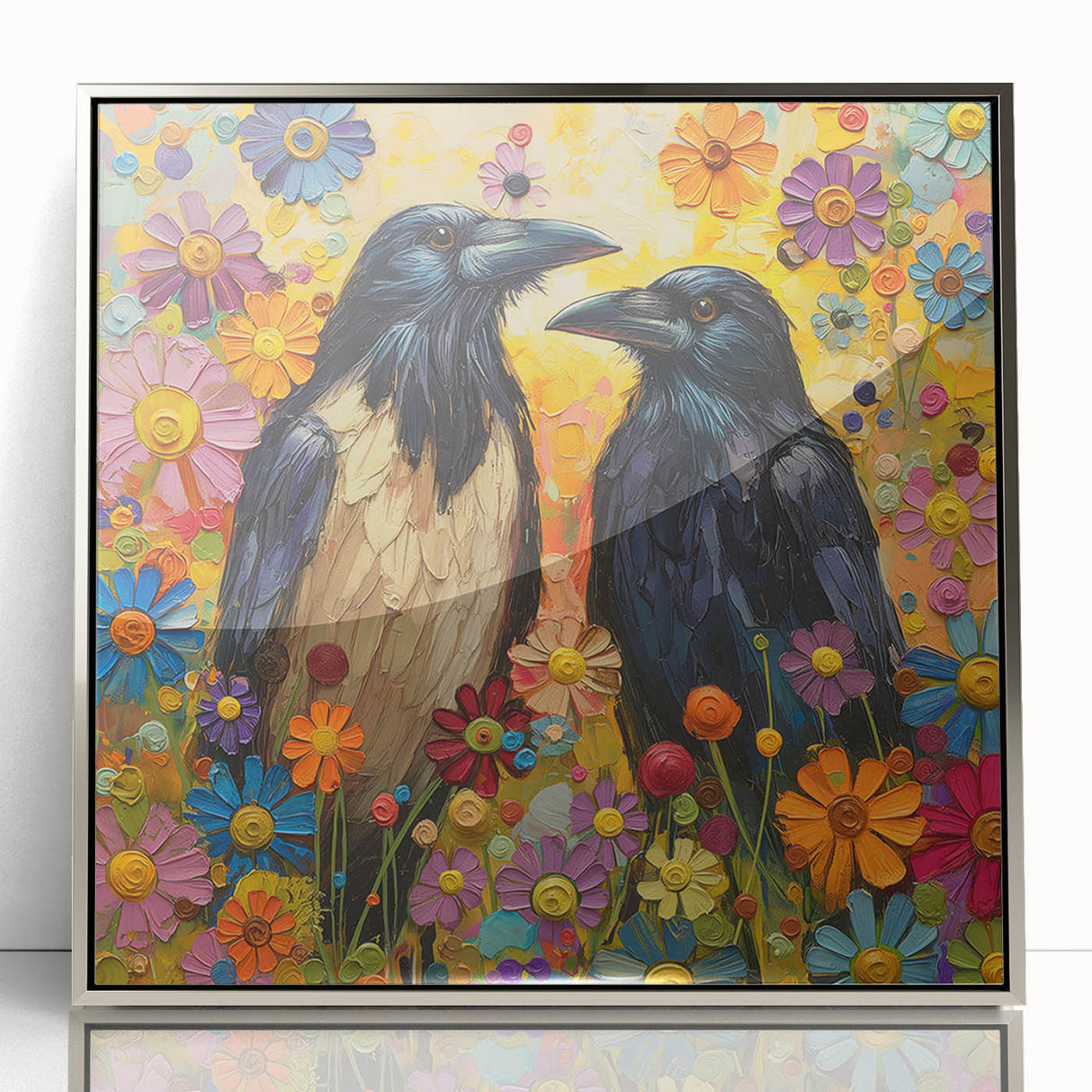 Framed wall art featuring a detailed design of a crow and raven, showcased in an elegant silver frame, perfect for enhancing modern décor and bird-themed interiors.