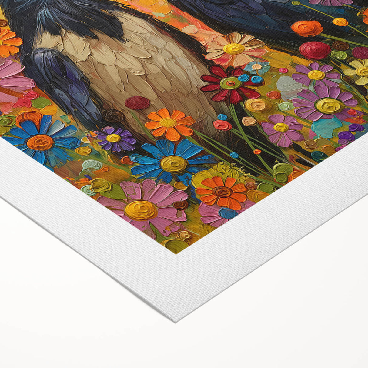 Artistic rolled canvas showcasing a striking design of a crow and raven, featuring bold colors and intricate details, ideal for enhancing home decor.
