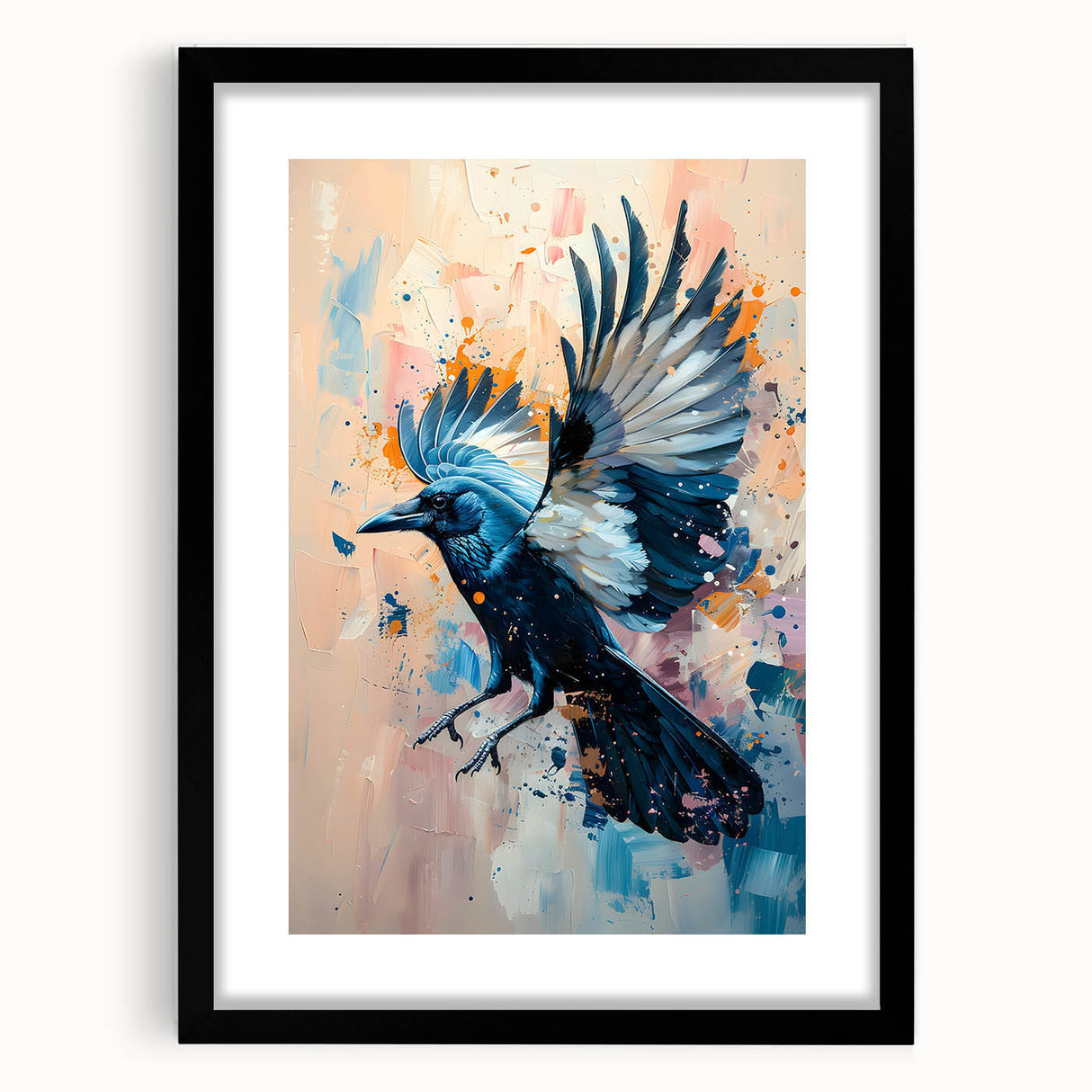 Black-framed wall art featuring a striking design of a crow and raven, showcasing intricate details and textures, perfect for nature-inspired decor.