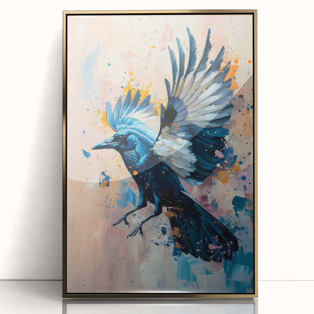 Framed wall art showcasing a detailed design of a crow and raven, featuring a gold-accented acrylic front. Perfect for nature enthusiasts and modern decor lovers.