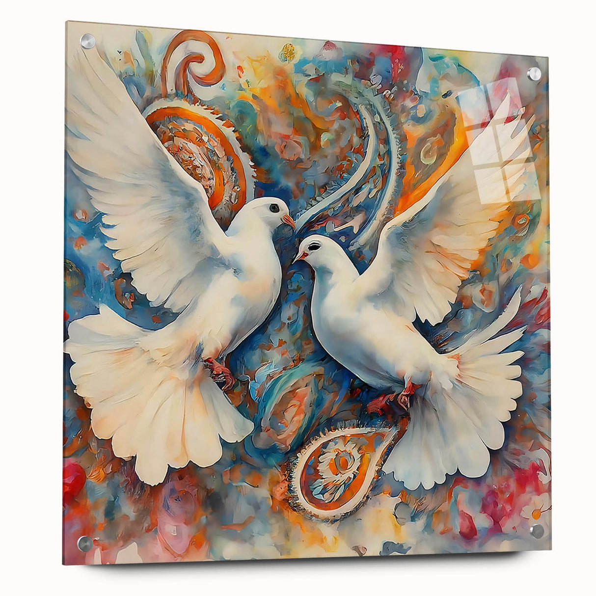 Acrylic glass wall art collection showcasing a stylish dove design, elegantly displayed from the side with visible mounting pins, perfect for modern decor.