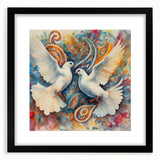 Framed wall art featuring a dove design with a black mat, showcasing a sleek modern aesthetic ideal for home decor, available in 12 designs for versatile styling.