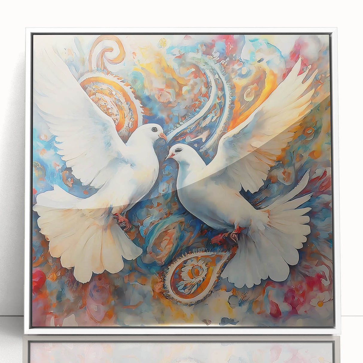 Framed acrylic wall art featuring a serene dove design, elegantly displayed against a white background, perfect for enhancing interior decor and promoting tranquility.