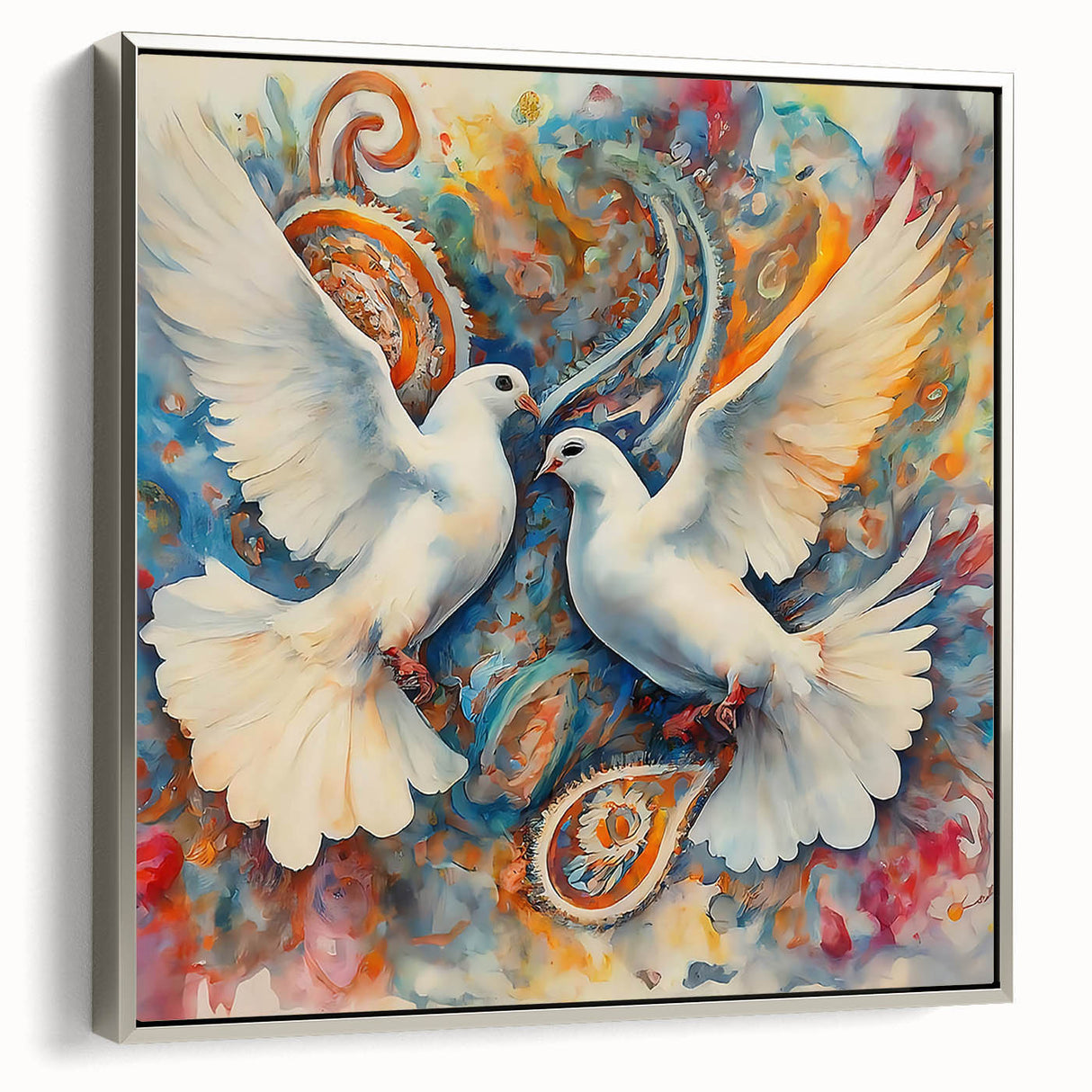 Framed wall art featuring a silver dove design on canvas, showcasing intricate details and a sleek side view, perfect for modern home decor.