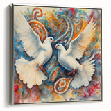 Framed wall art featuring a silver dove design on canvas, showcasing intricate details and a sleek side view, perfect for modern home decor.