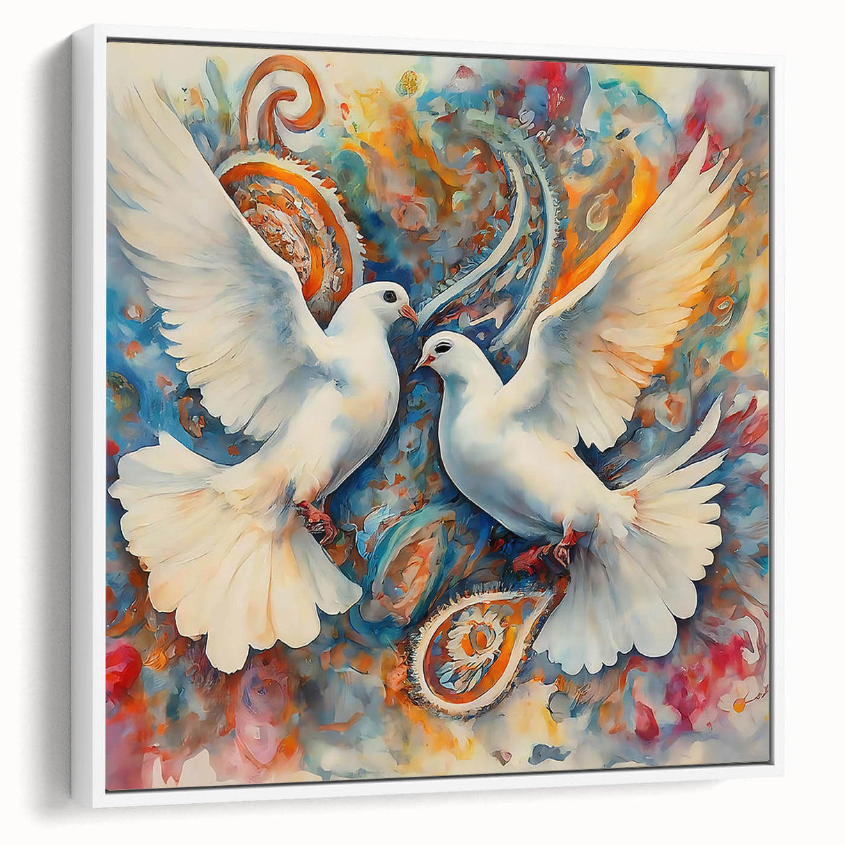 Framed canvas wall art featuring a serene dove design with a white background, showcasing elegant details and a contemporary aesthetic, ideal for home decor.