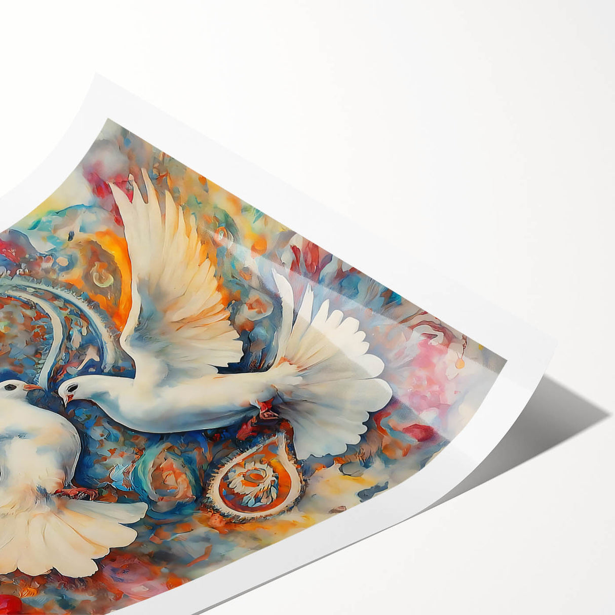 Artwork featuring a serene dove design in soft pastel colors, elegantly displayed as a rolled print, ideal for home decor or artistic wall decoration. Perfect for enhancing any space with a touch of tranquility and style.