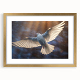 Elegant wall art featuring a gold-framed design of doves in flight, with a matting that enhances its aesthetic appeal, perfect for home decor and adding a touch of tranquility.