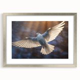 Framed silver wall art featuring a dove design with a mat, showcasing intricate details and a modern aesthetic, perfect for enhancing contemporary decor.