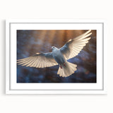 Framed wall art featuring a dove design in soft pastel colors, elegantly matted and set against a white frame, perfect for home decor or office spaces.
