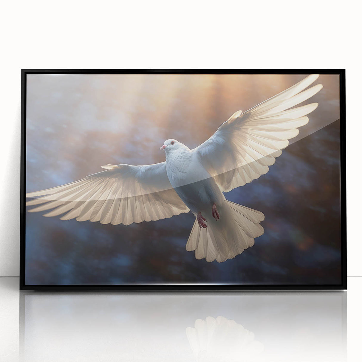 Framed wall art featuring a sleek black acrylic design of doves in flight, enhancing modern decor with a touch of elegance and tranquility. Ideal for any stylish interior.
