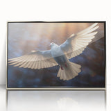 Framed wall art featuring a silver-accented dove design, showcasing intricate details and a sleek acrylic finish, perfect for modern decor settings.