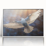Framed wall art featuring a serene dove design on a white background, showcasing elegant lines and soft colors, perfect for modern decor and uplifting spaces.