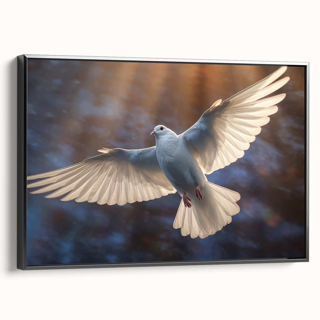 Framed wall art featuring a dove design on a textured canvas, displayed from the side with a sleek black frame, perfect for modern home decor.