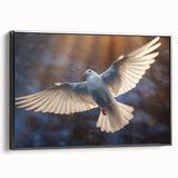 Framed wall art featuring a dove design on a textured canvas, displayed from the side with a sleek black frame, perfect for modern home decor.