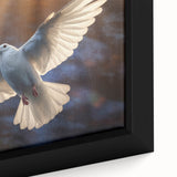 Close-up of a framed canvas wall art piece depicting a pair of elegant doves in soft pastel colors, showcasing intricate details and a serene atmosphere, perfect for home decor.