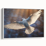 Framed wall art featuring a serene dove design in soft white tones, showcasing a modern aesthetic suitable for home decor. The canvas has a sleek side view, perfect for adding elegance to any room.