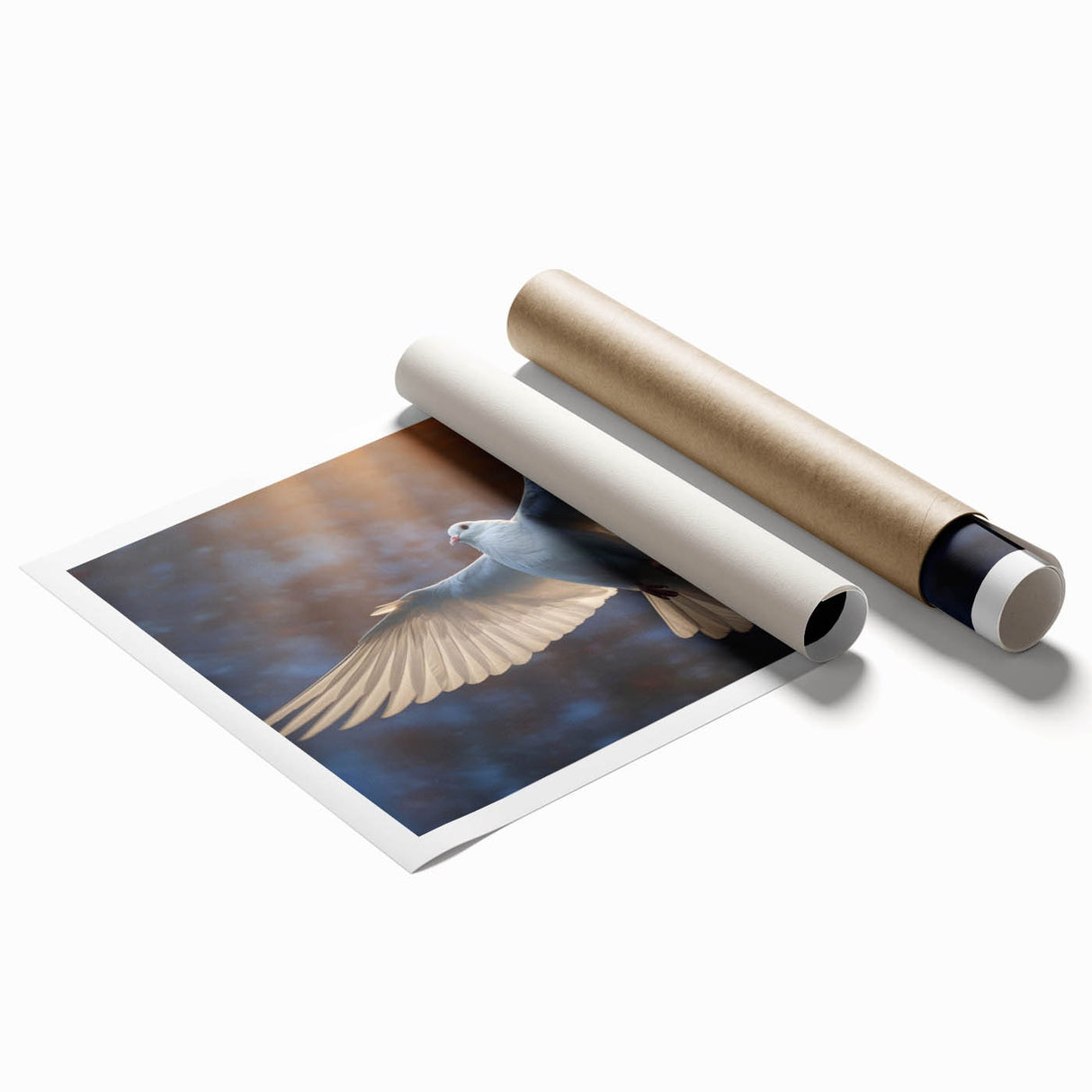 Elegant wall art print showcasing a pair of doves against a soft pastel background, ideal for home decor. This rolled print emphasizes tranquility and nature-inspired aesthetics, perfect for creating a serene atmosphere in any room.