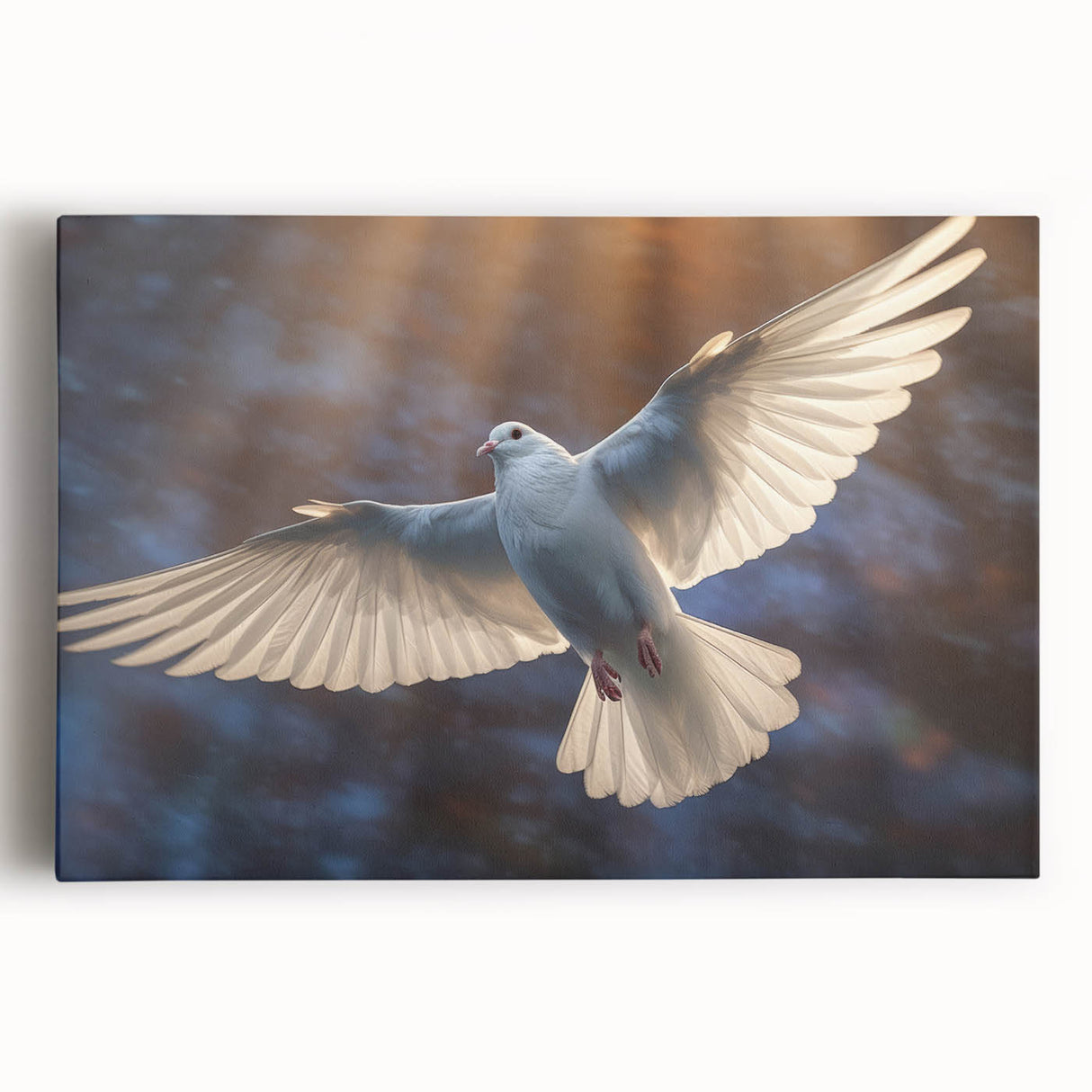 Stretched canvas wall art featuring a serene dove design in soft white and blue tones, perfect for adding a tranquil touch to home decor.