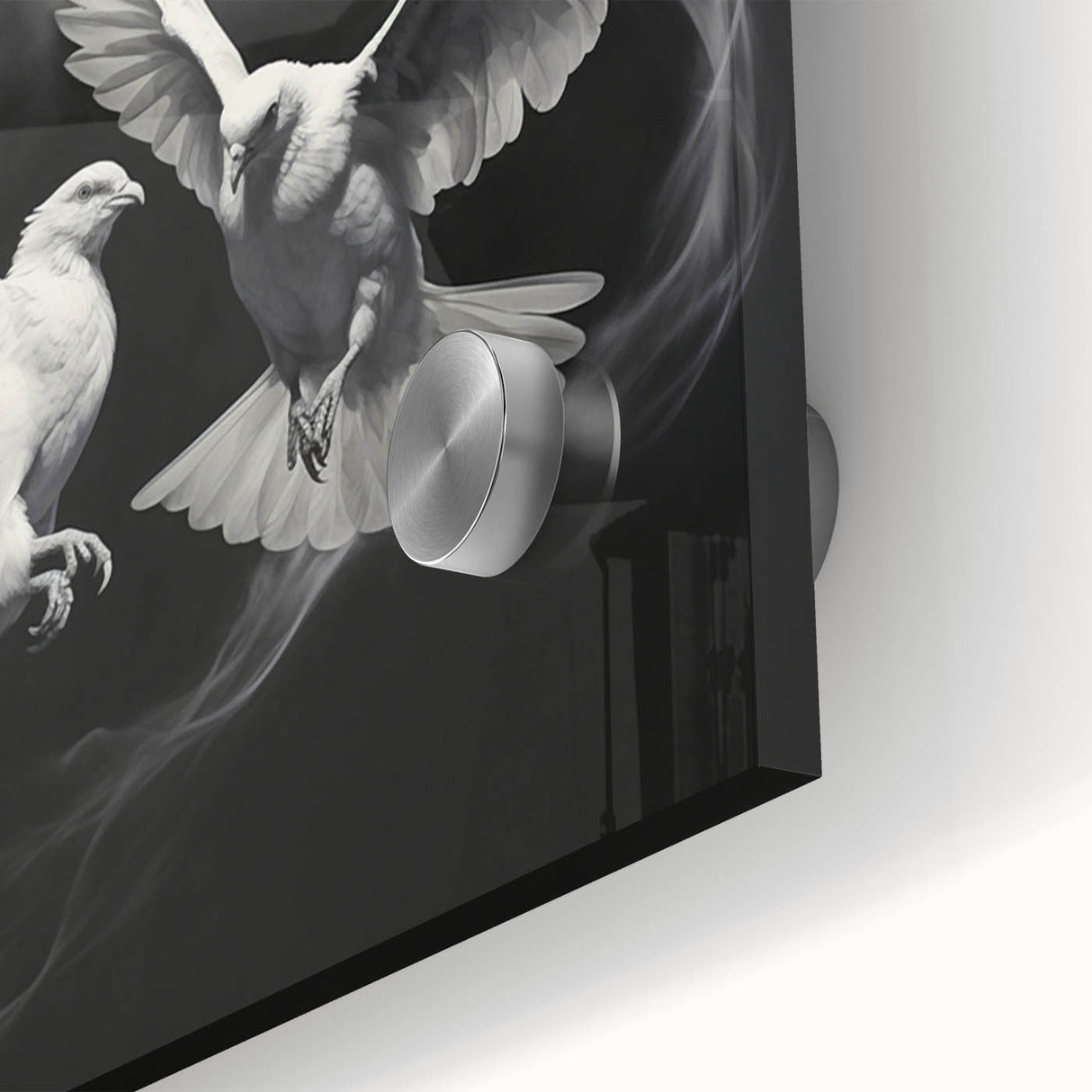 Close-up of a stunning acrylic glass wall art piece showcasing a delicate dove design, featuring soft pastel colors and intricate details, perfect for home decor.
