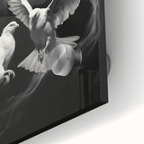 Close-up of a stunning acrylic glass wall art piece showcasing a delicate dove design, featuring soft pastel colors and intricate details, perfect for home decor.